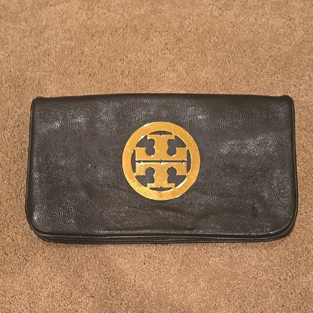 Tory Burch Black Clutch with Gold Logo Leather